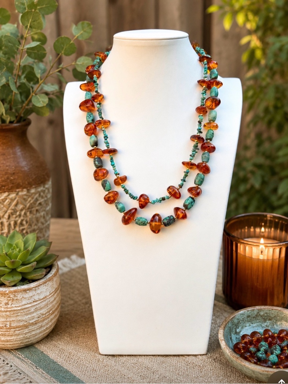 ARTISAN Genuine Baltic Amber and Turquoise Double-Stranded Necklace